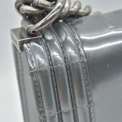 $4700 2012 Chanel Medium Boy Electric Silver Patent Leather Logo CC Flap