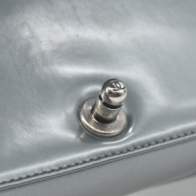 $4700 2012 Chanel Medium Boy Electric Silver Patent Leather Logo CC Flap