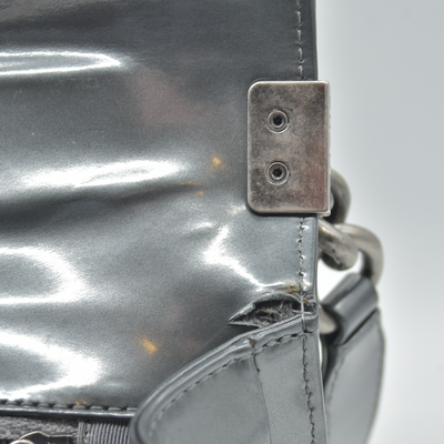 $4700 2012 Chanel Medium Boy Electric Silver Patent Leather Logo CC Flap