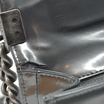 $4700 2012 Chanel Medium Boy Electric Silver Patent Leather Logo CC Flap