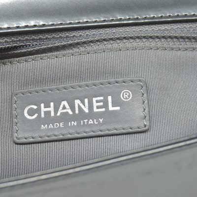 $4700 2012 Chanel Medium Boy Electric Silver Patent Leather Logo CC Flap