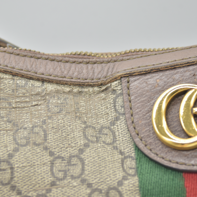 $1750 Gucci GG Supreme Monogram Web Small Ophidia Half Moon Hobo Brown
