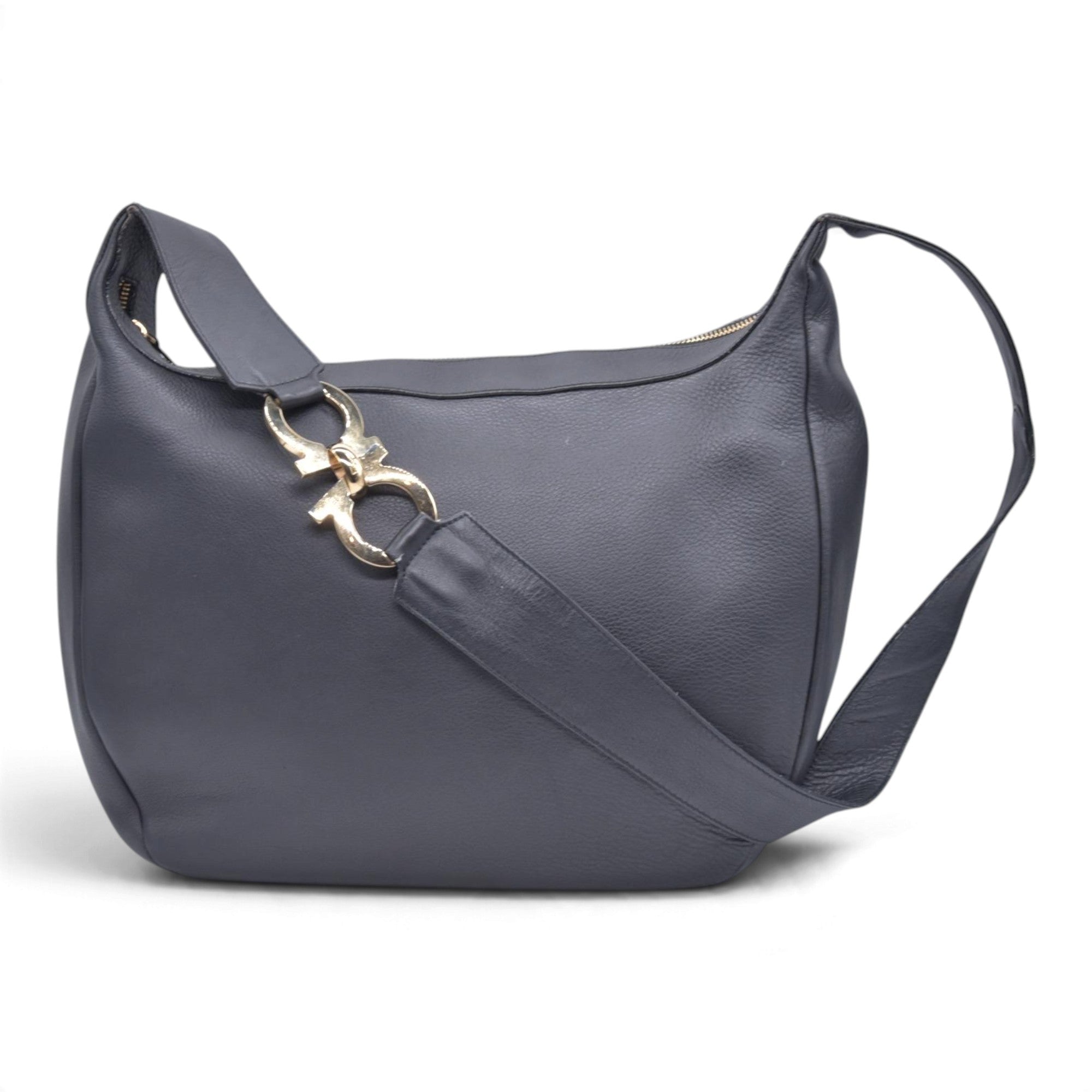 $890 SALVATORE FERRAGAMO Leather Gancini Shoulder Bag Dark Grey CONSIGNMENT 10021182