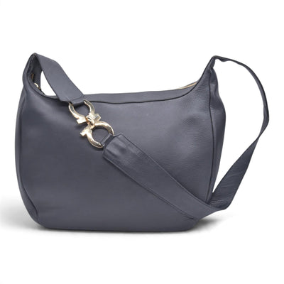 $890 SALVATORE FERRAGAMO Leather Gancini Shoulder Bag Dark Grey CONSIGNMENT 10021182