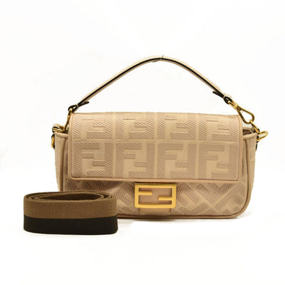 Fendi  Canvas Vitello King Bi-Color Strap FF Embroidered Baguette Poudre