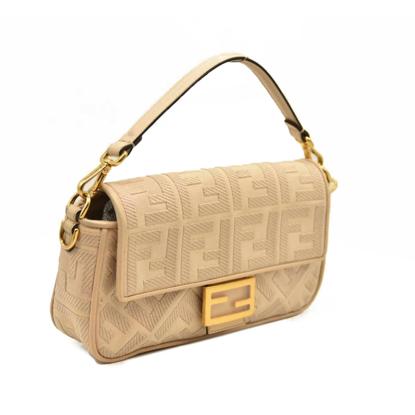 Fendi  Canvas Vitello King Bi-Color Strap FF Embroidered Baguette Poudre