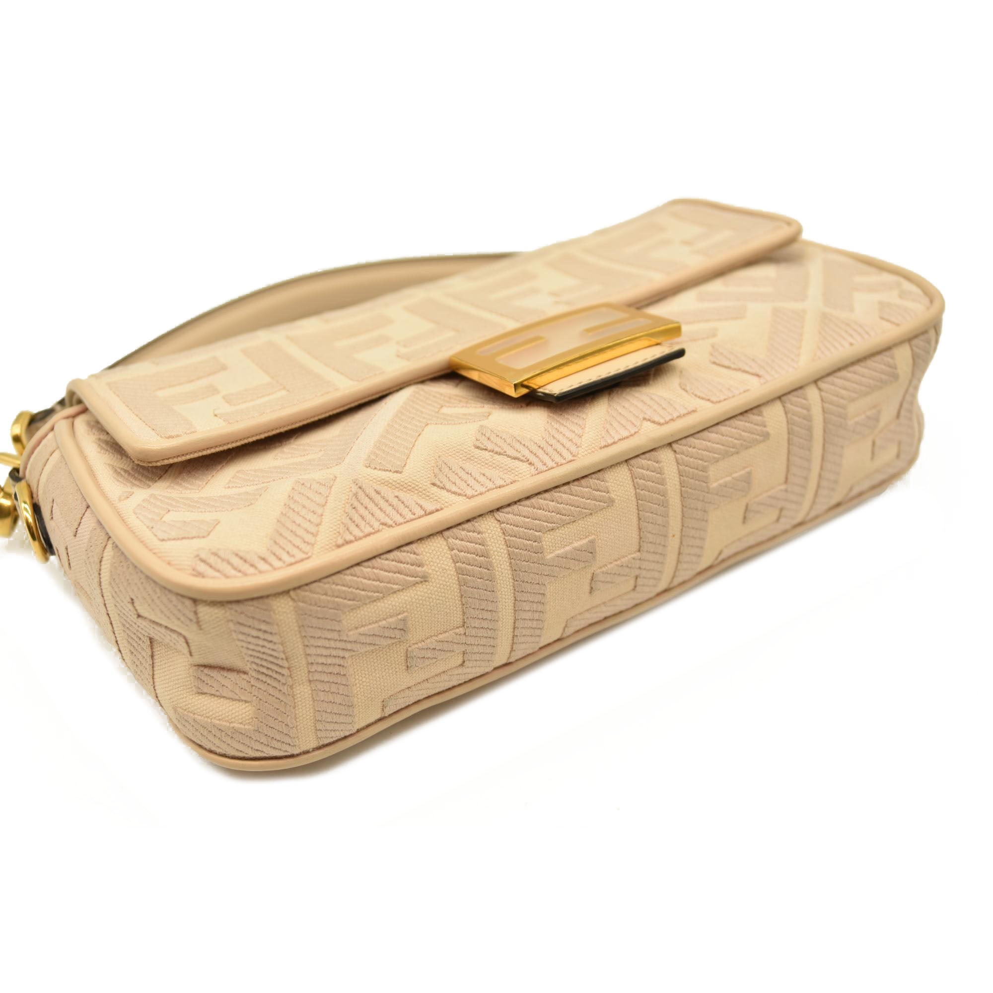 Fendi  Canvas Vitello King Bi-Color Strap FF Embroidered Baguette Poudre