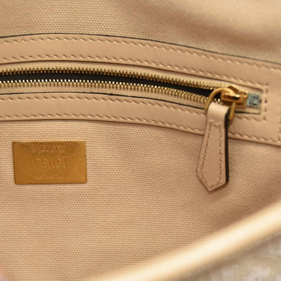Fendi  Canvas Vitello King Bi-Color Strap FF Embroidered Baguette Poudre