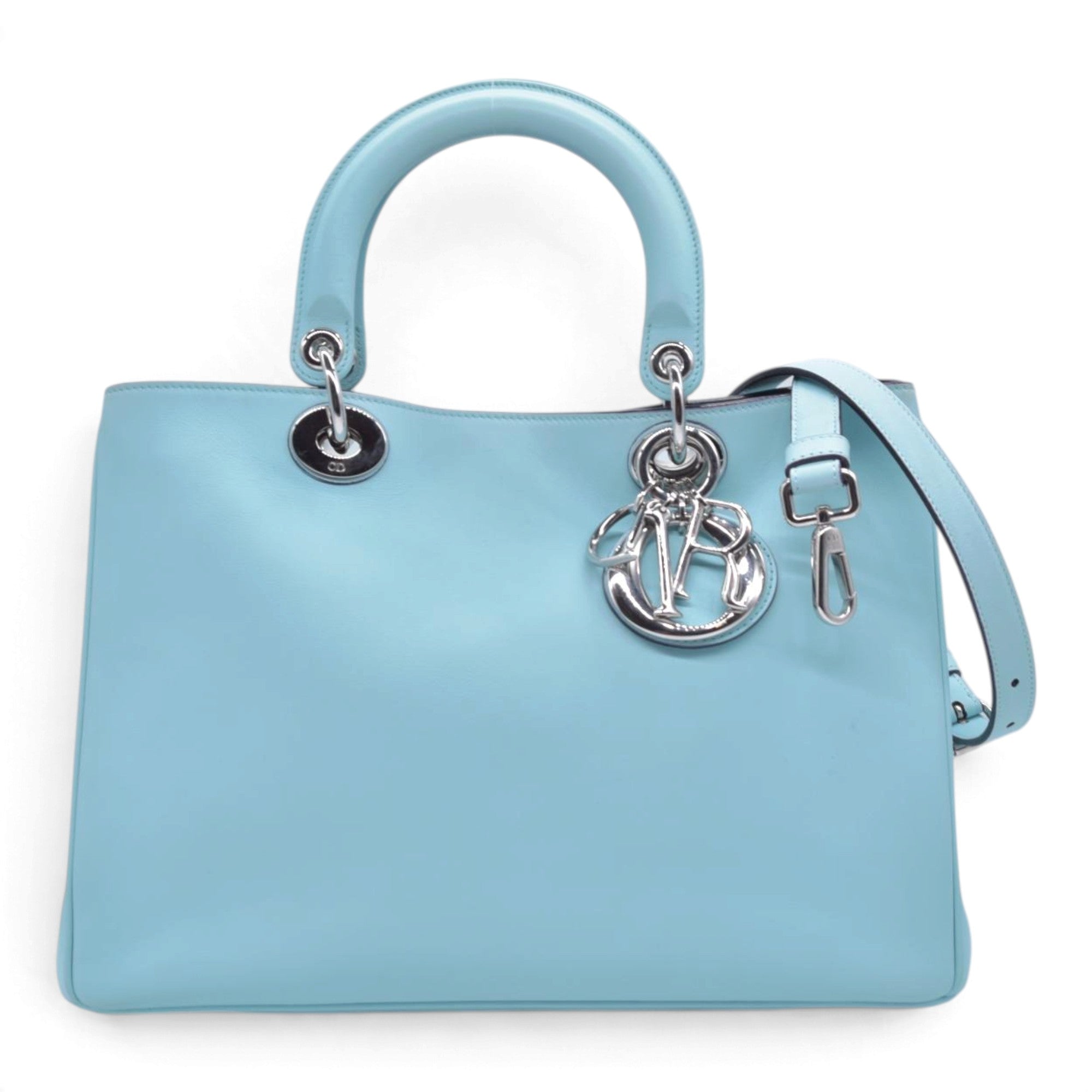 $3200 CHRISTIAN DIOR Lady Dior Medium Leather Tote Sky Blue CONSIGNMENT 10021442