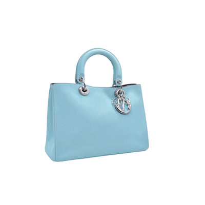 $3200 CHRISTIAN DIOR Lady Dior Medium Leather Tote Sky Blue CONSIGNMENT 10021442