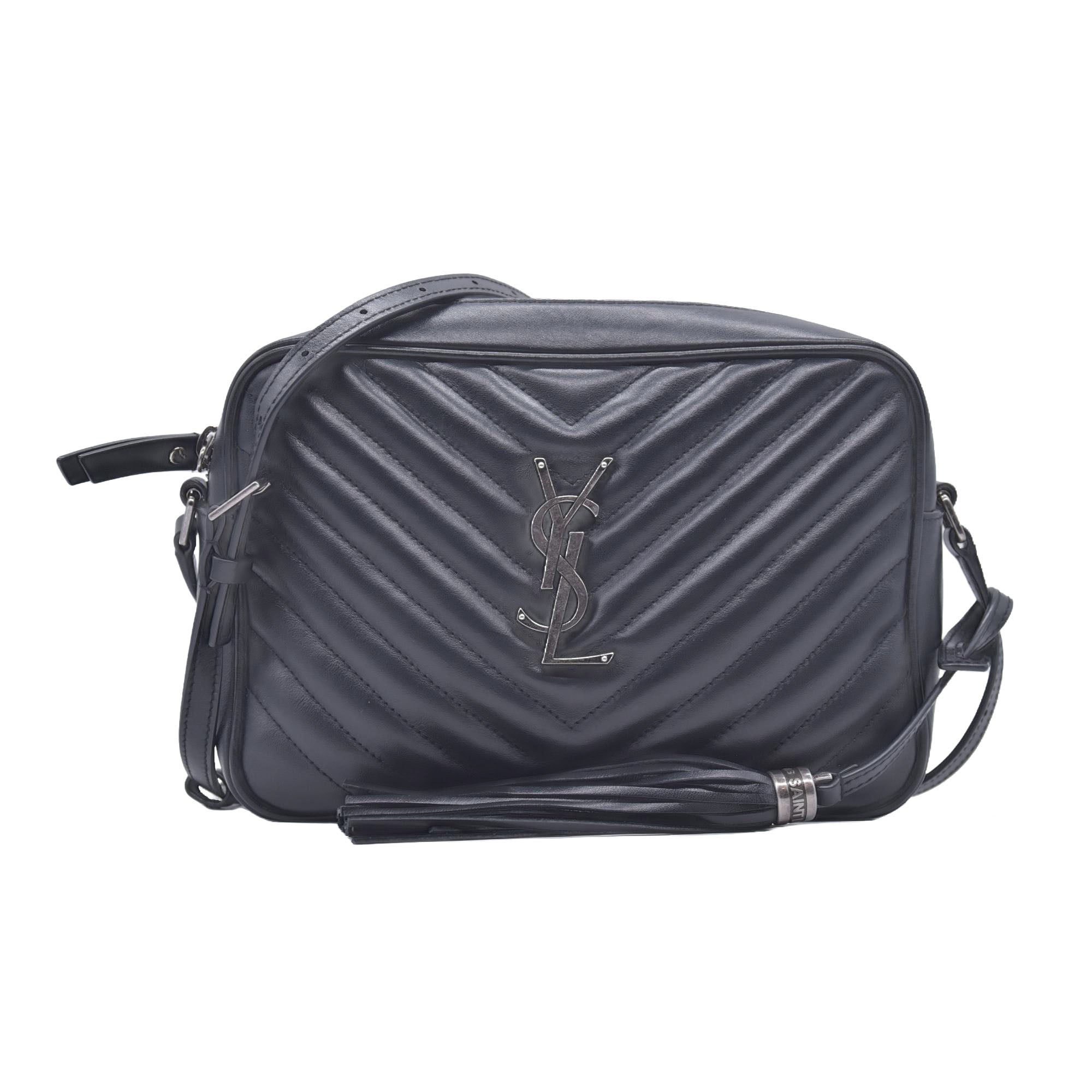 $1950 Saint Laurent Calfskin Matelasse Monogram Lou Camera Bag Black