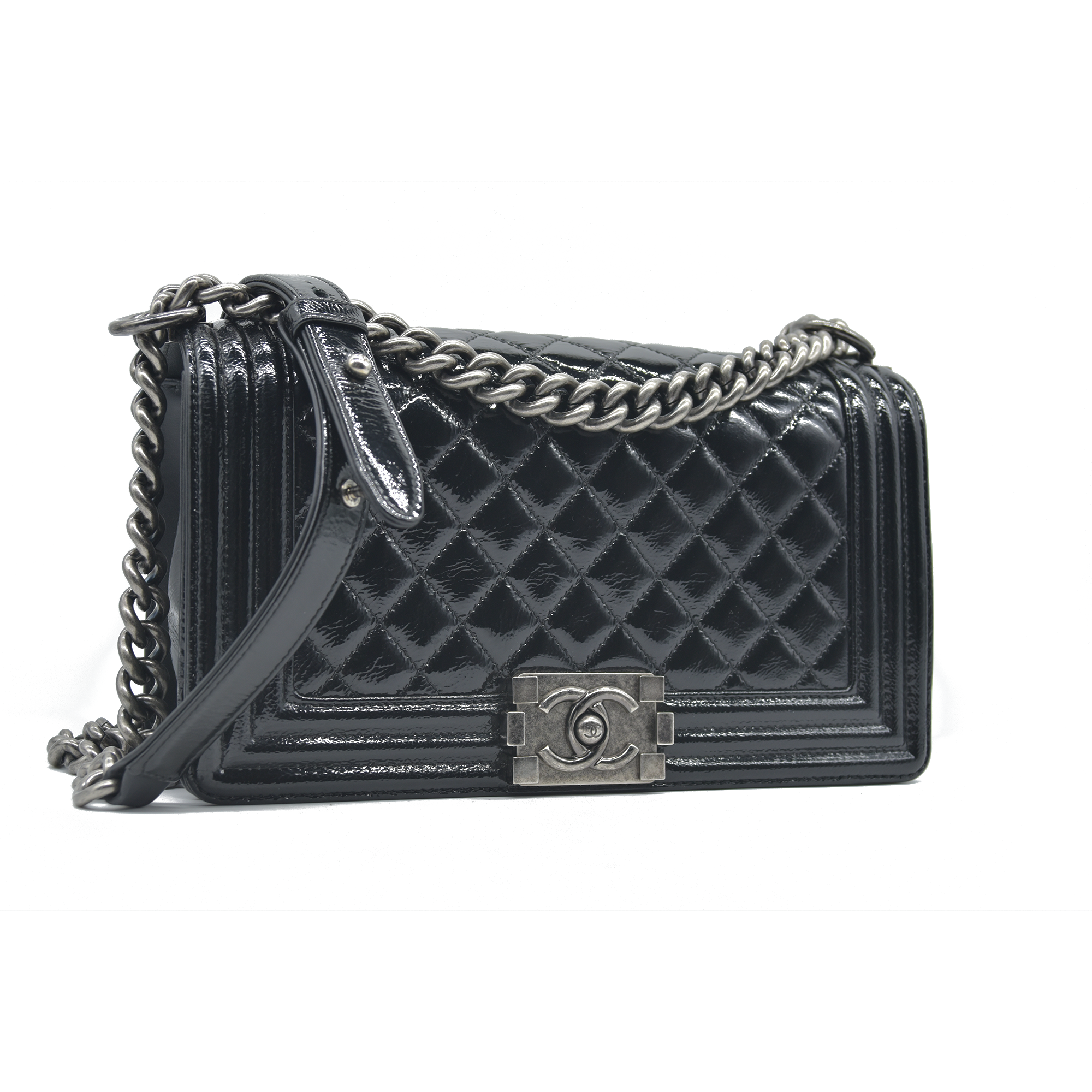 $6900 Chanel Medium Patent Boy Bag CC Logo Chain Shoulder Bag 2014