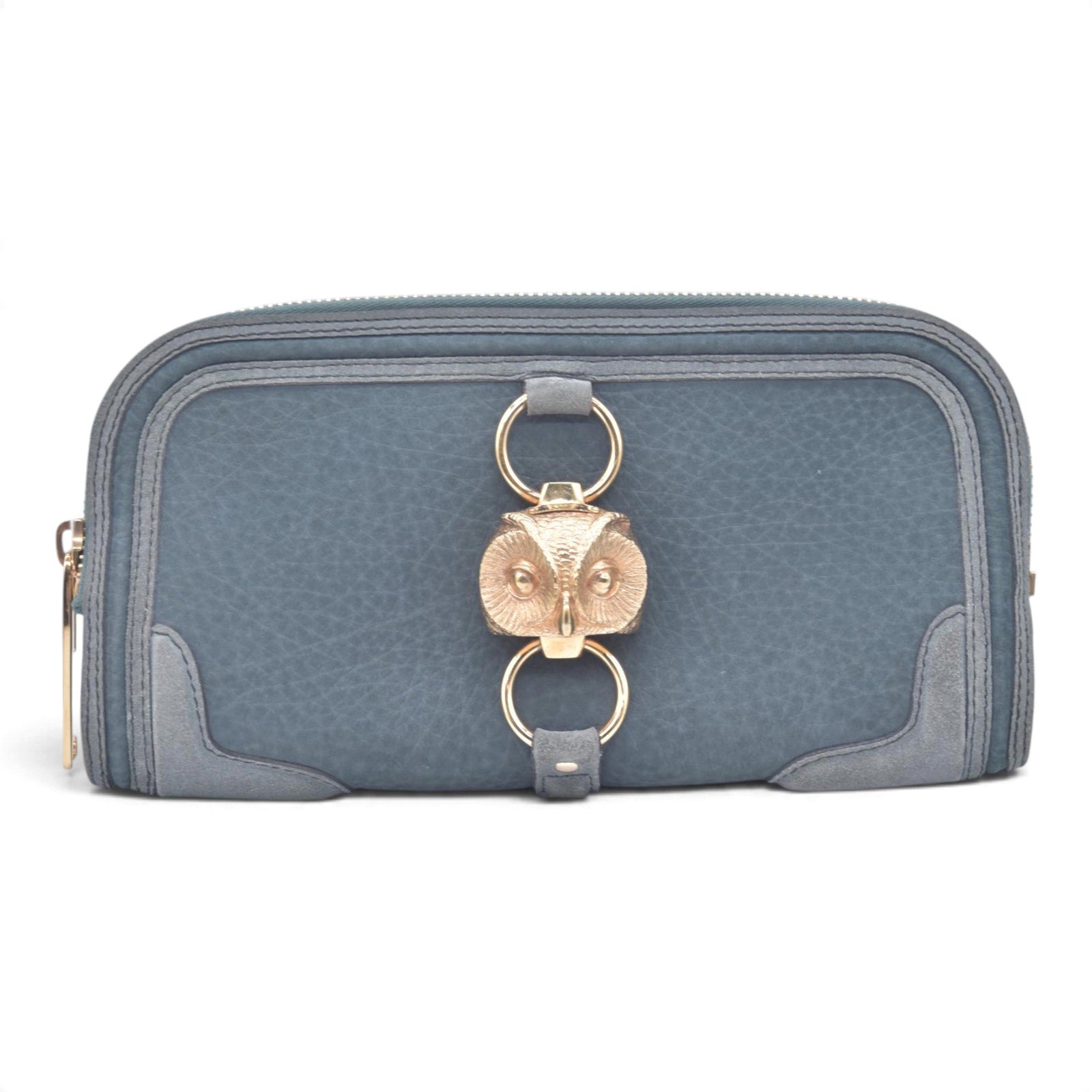 $695 Burberry Prorsum Grainy Nubuck Alma Owl Clutch Indigo Green CONSIGNMENT 10021441