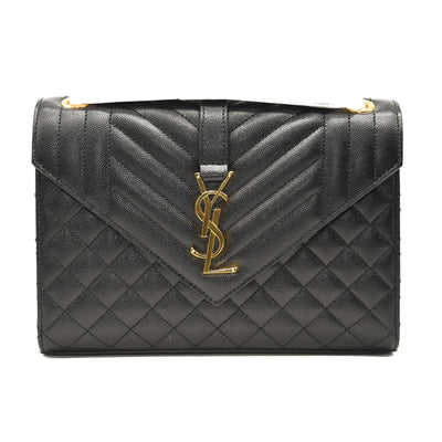 SAINT LAURENT Grain De Poudre Textured Mixed Matelasse Triquilt Medium Monogram Satchel Black