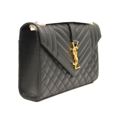 SAINT LAURENT Grain De Poudre Textured Mixed Matelasse Triquilt Medium Monogram Satchel Black