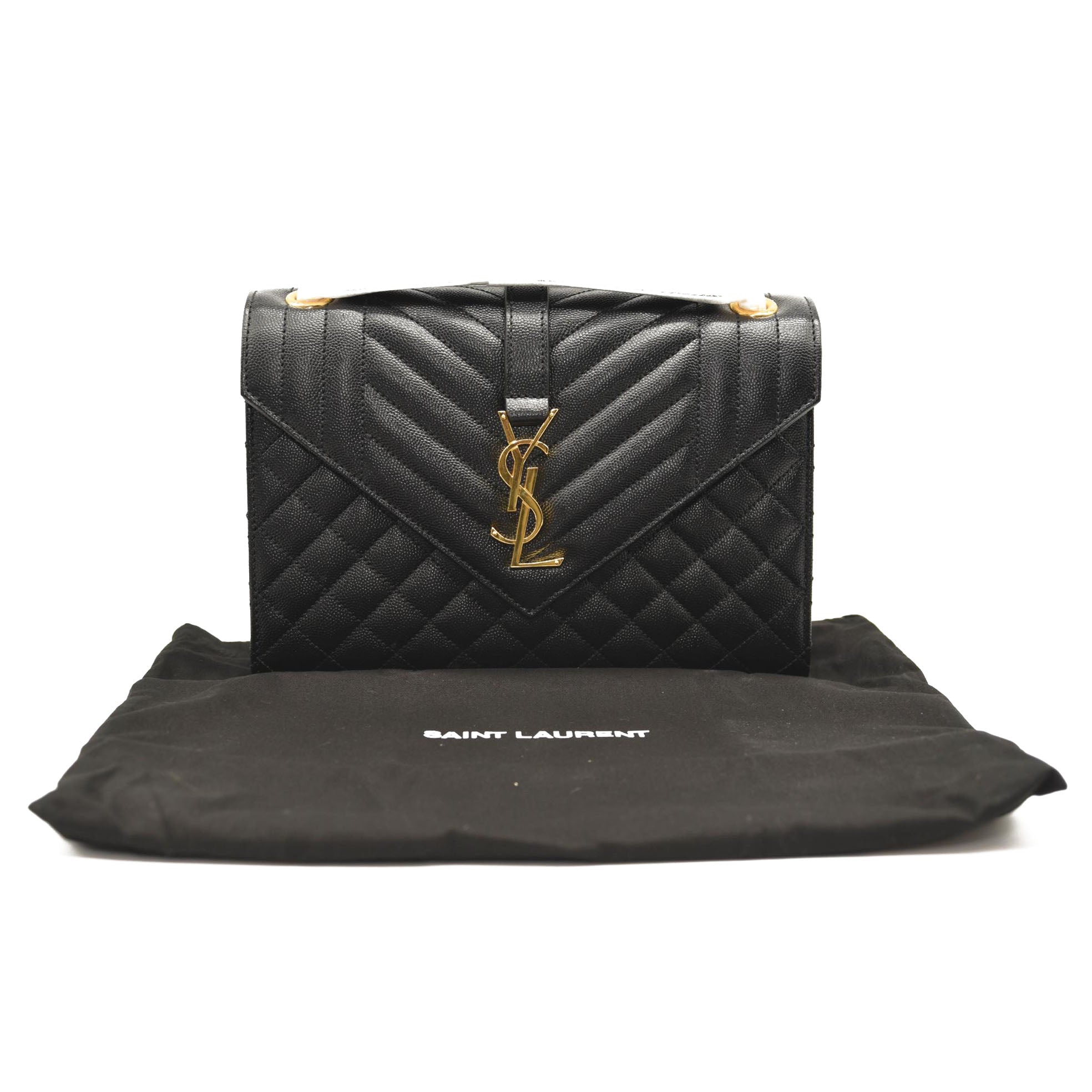SAINT LAURENT Grain De Poudre Textured Mixed Matelasse Triquilt Medium Monogram Satchel Black
