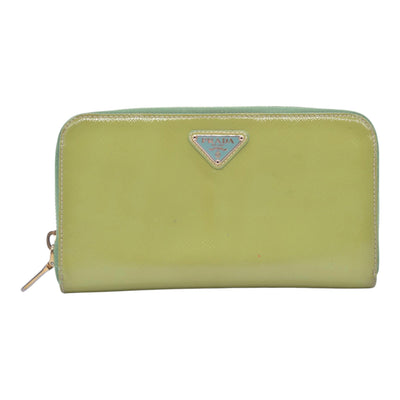 $650 PRADA Lime Green Patent Leather Triangle Logo Zip Wallet CONSIGNMENT 10021459