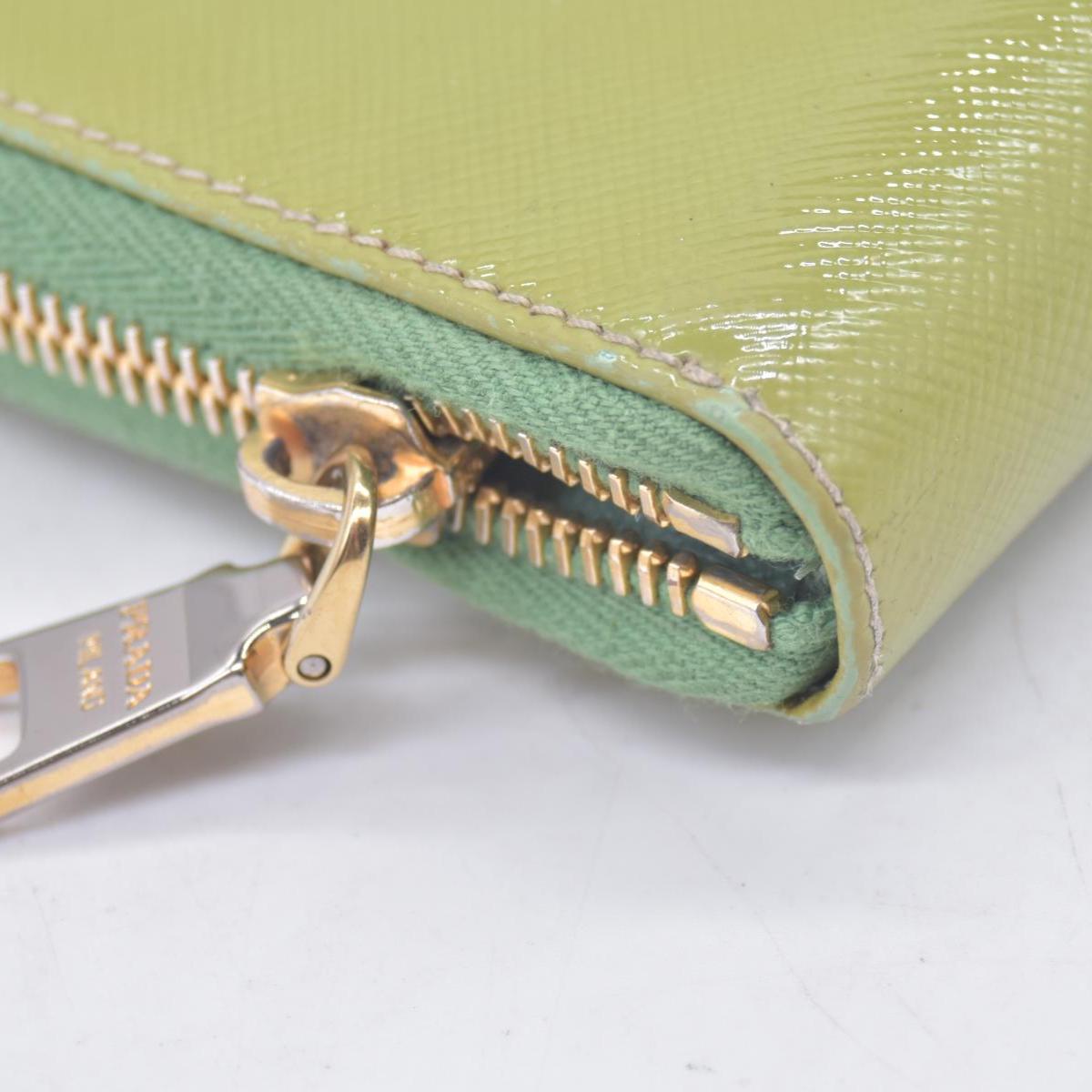 $650 PRADA Lime Green Patent Leather Triangle Logo Zip Wallet CONSIGNMENT 10021459