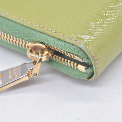 $650 PRADA Lime Green Patent Leather Triangle Logo Zip Wallet CONSIGNMENT 10021459
