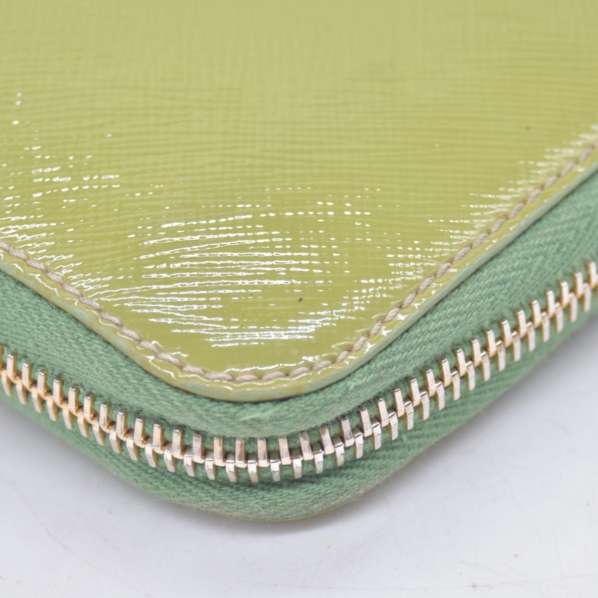 $650 PRADA Lime Green Patent Leather Triangle Logo Zip Wallet CONSIGNMENT 10021459