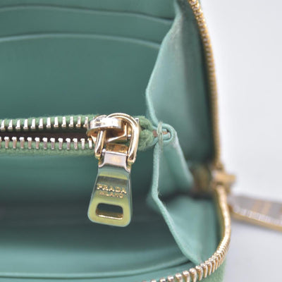 $650 PRADA Lime Green Patent Leather Triangle Logo Zip Wallet CONSIGNMENT 10021459