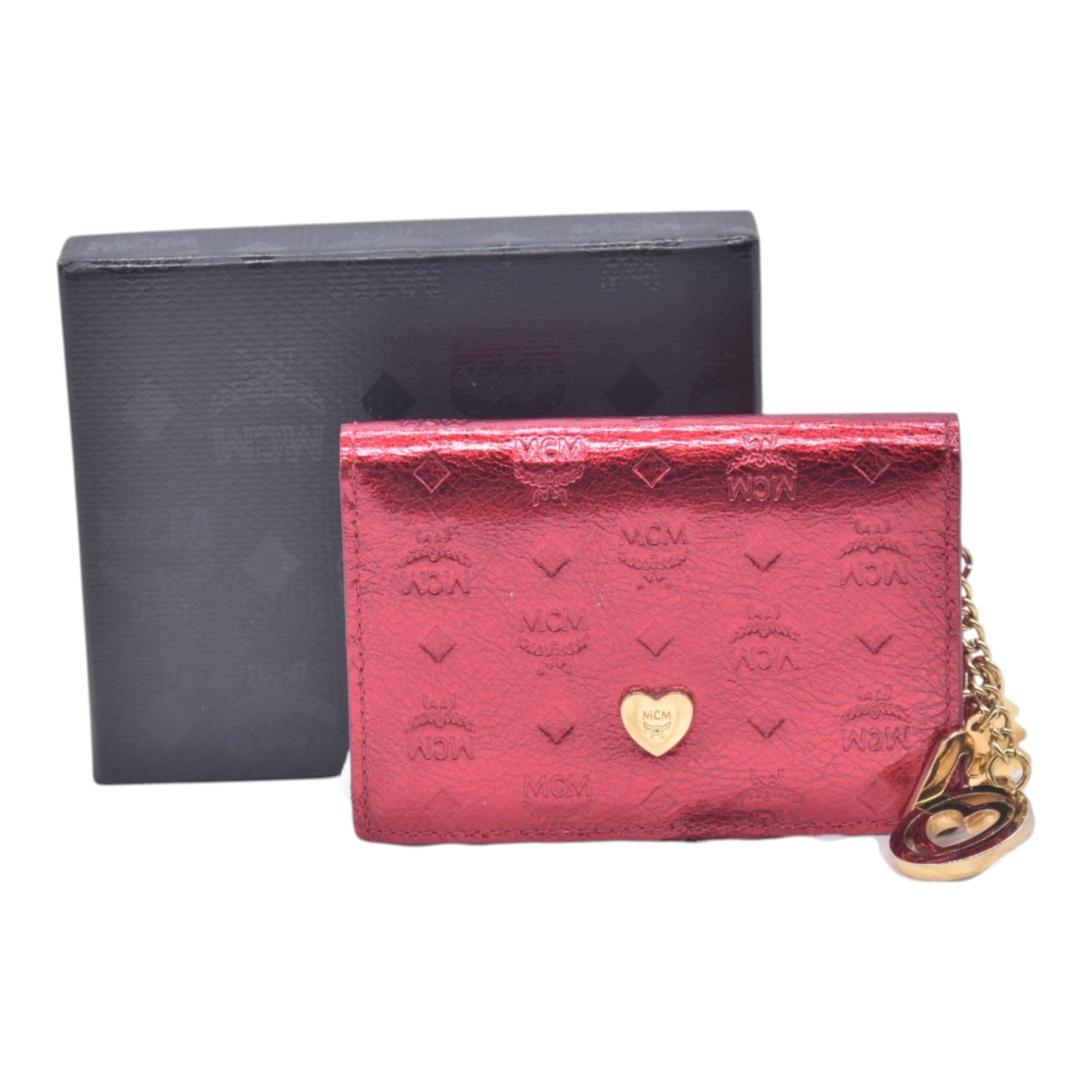 $430 MCM Metallic Red Leather Card Holder Wallet CONSIGNMENT 10021464