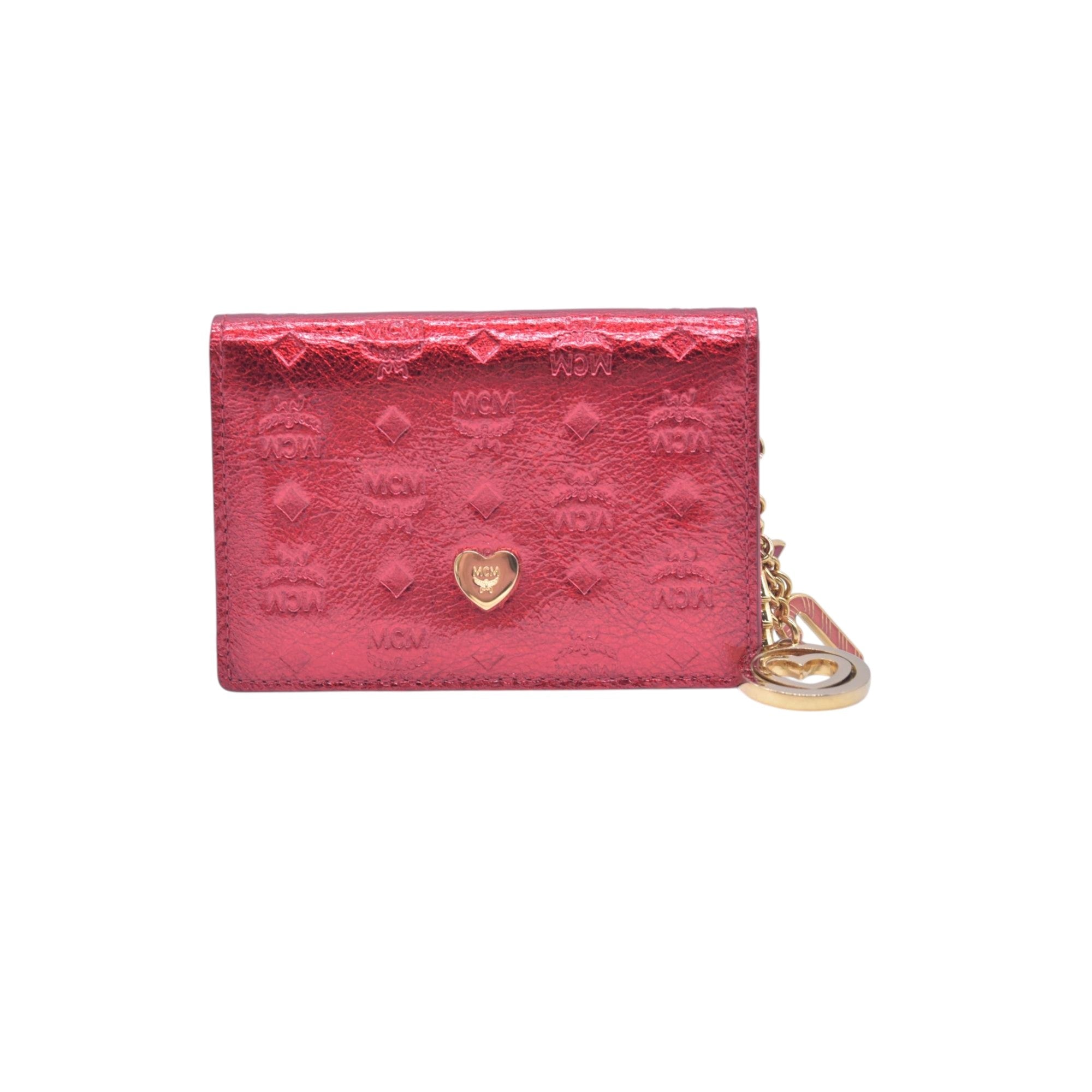 $430 MCM Metallic Red Leather Card Holder Wallet CONSIGNMENT 10021464