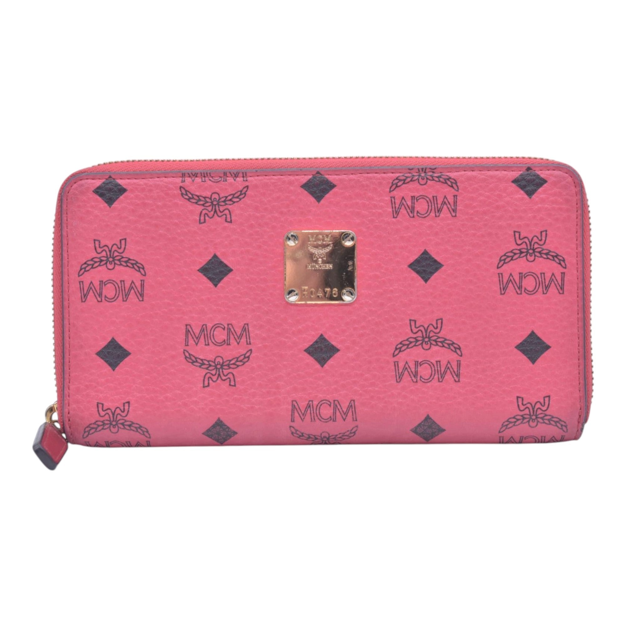 $430 MCM Coral Pink Monogram Logo Zip Around Long Wallet CONSIGNMENT 10021461