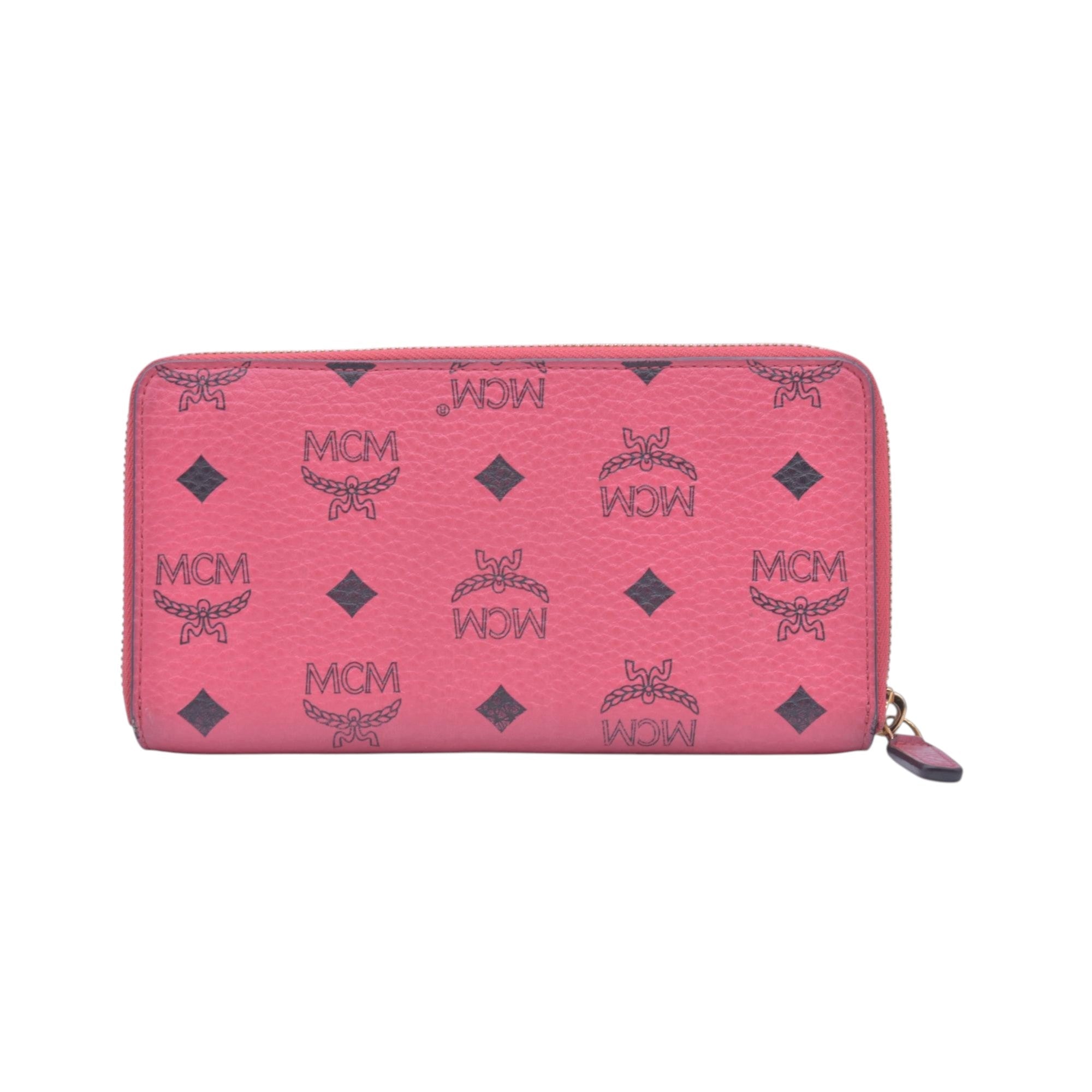 $430 MCM Coral Pink Monogram Logo Zip Around Long Wallet CONSIGNMENT 10021461