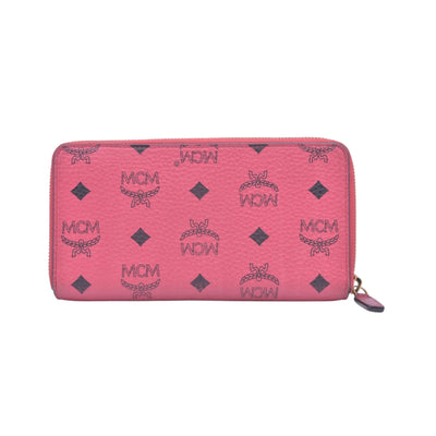 $430 MCM Coral Pink Monogram Logo Zip Around Long Wallet CONSIGNMENT 10021461