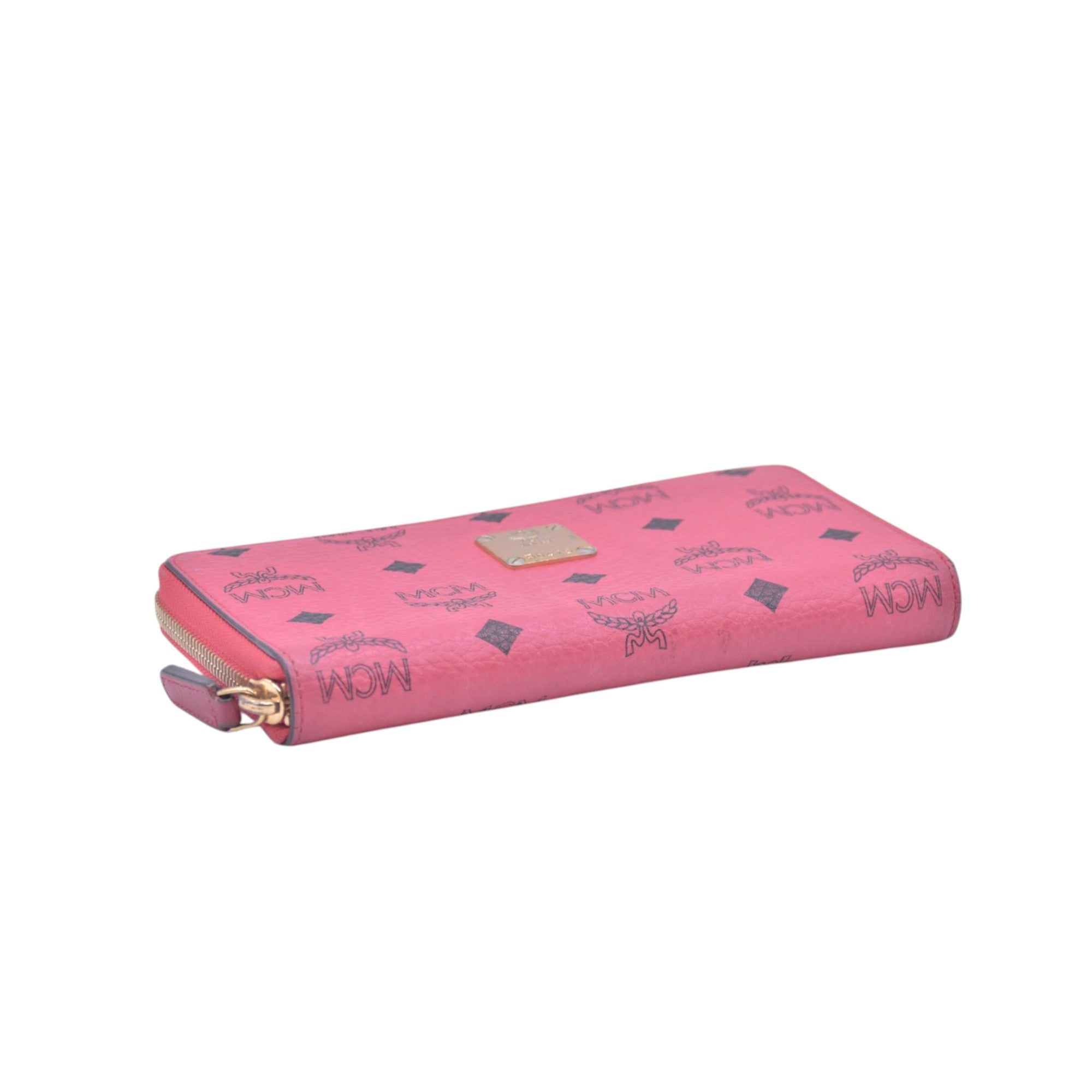 $430 MCM Coral Pink Monogram Logo Zip Around Long Wallet CONSIGNMENT 10021461