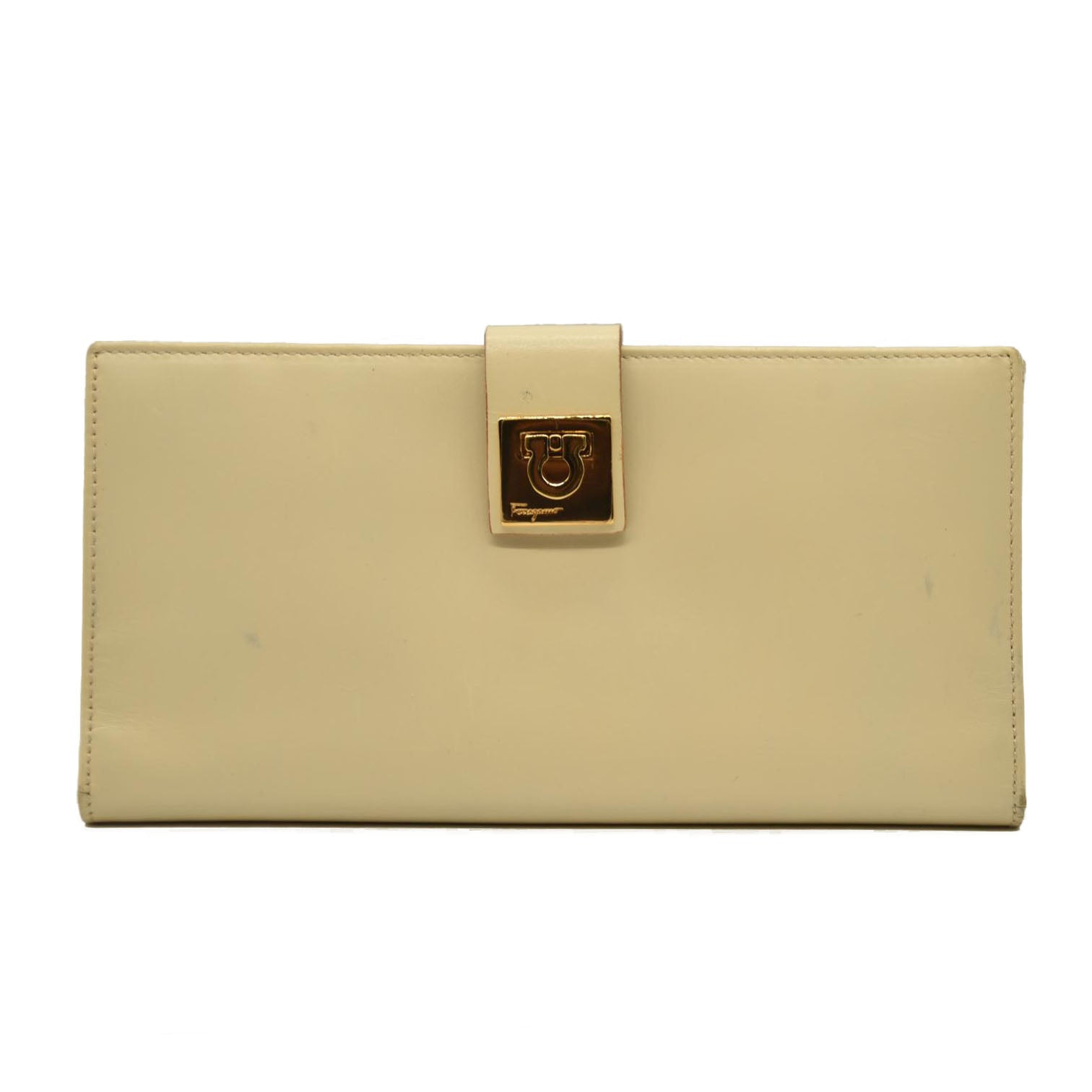 Salvatore Ferragamo Gancini Clip Leather Long Bifold Wallet Ivory CONSIGNMENT 10020992