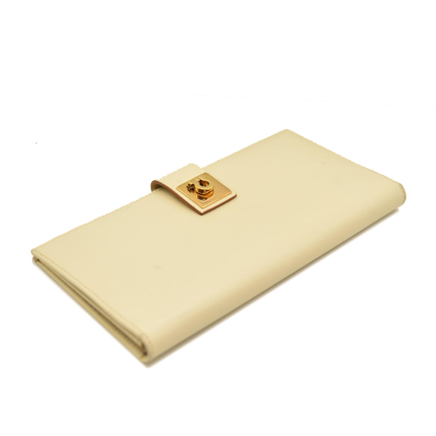 Salvatore Ferragamo Gancini Clip Leather Long Bifold Wallet Ivory CONSIGNMENT 10020992
