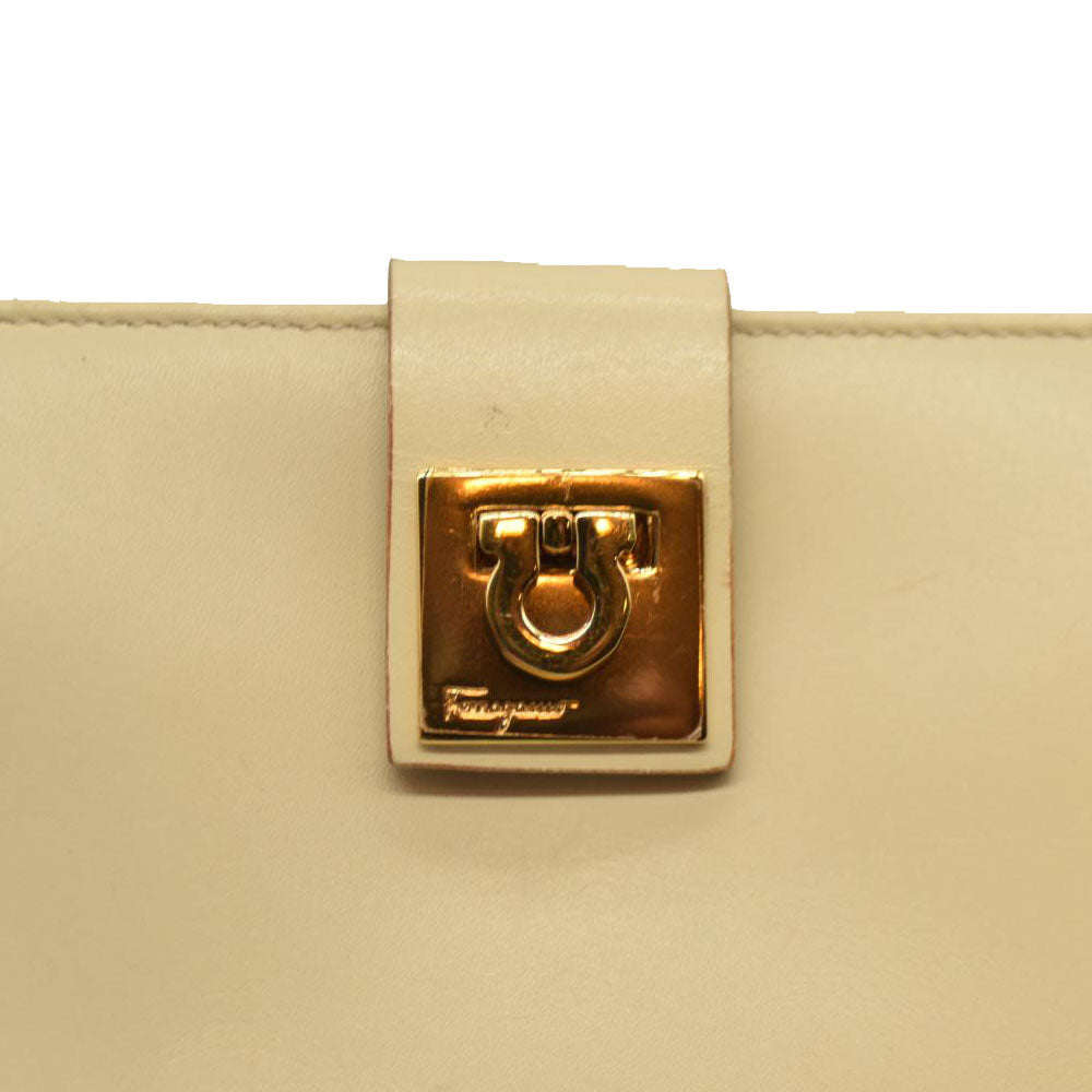 Salvatore Ferragamo Gancini Clip Leather Long Bifold Wallet Ivory CONSIGNMENT 10020992
