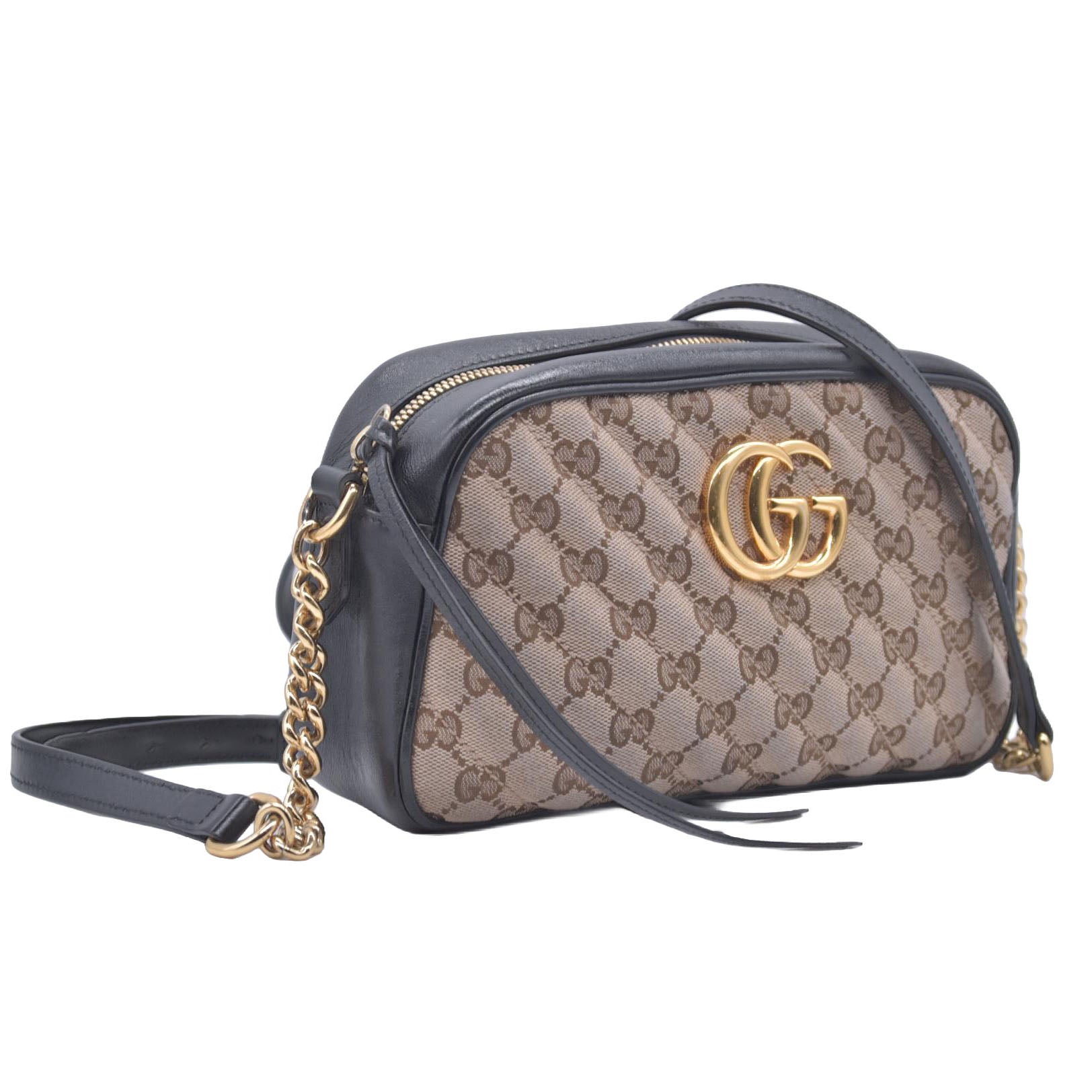 $1300 Gucci Monogram Matelasse Diagonal Small GG Marmont Chain Shoulder Bag Beige Black