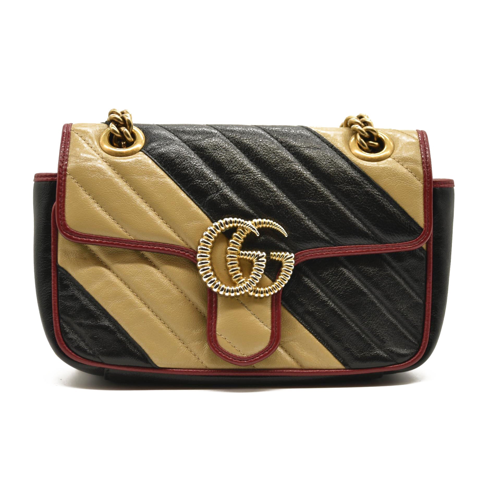 Gucci Azalea Calfskin Matelasse Diagonal Patchwork Mini Torchon GG Marmont Shoulder Bag Black Beige Romantic Cerise