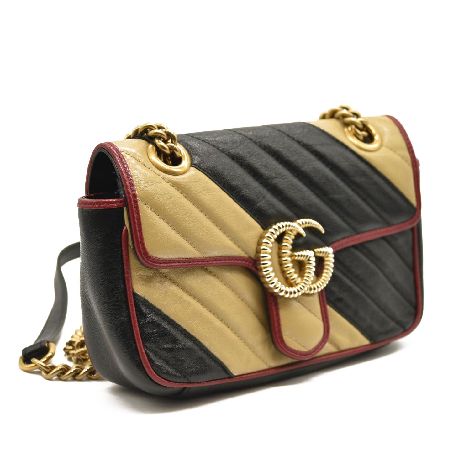 Gucci Azalea Calfskin Matelasse Diagonal Patchwork Mini Torchon GG Marmont Shoulder Bag Black Beige Romantic Cerise