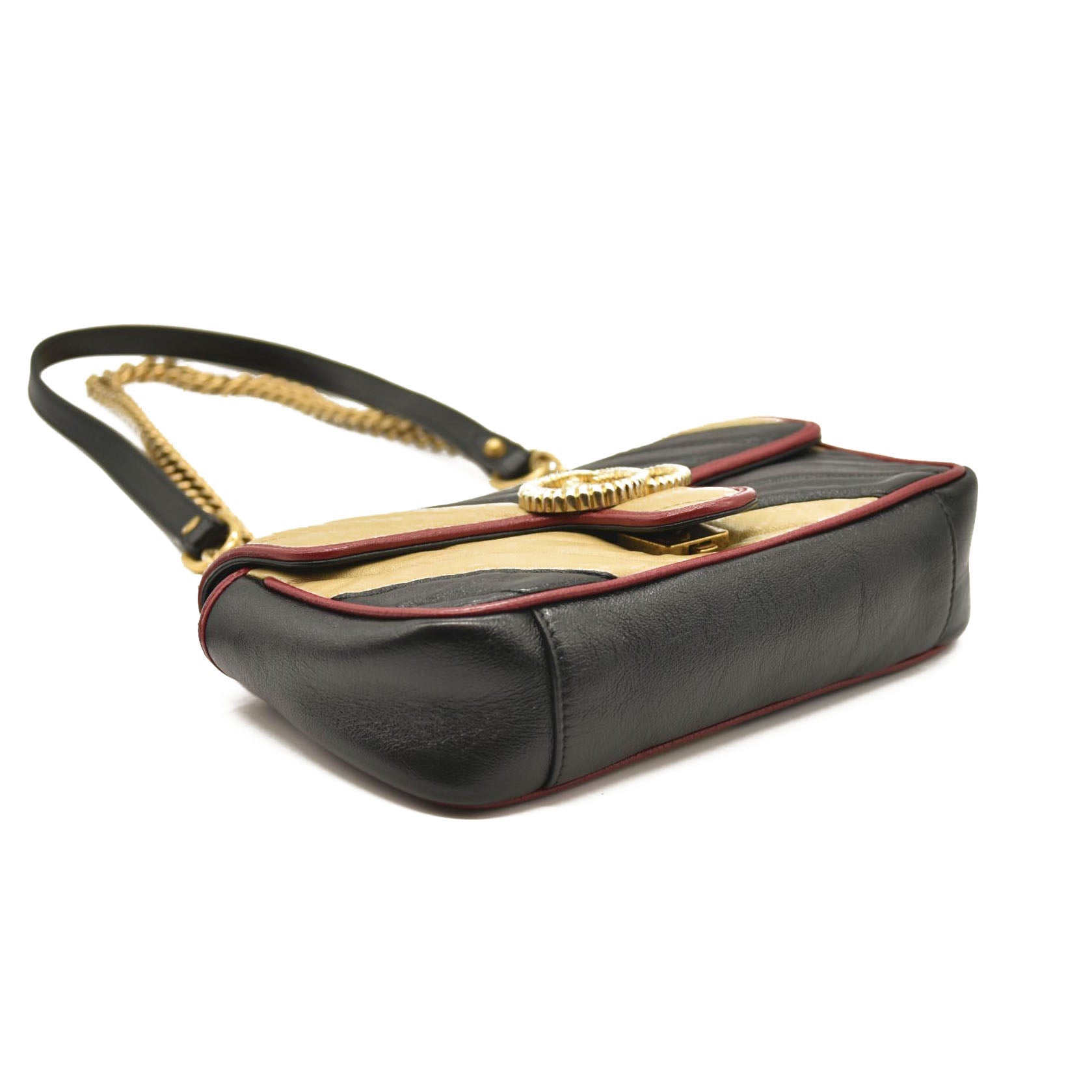 Gucci Azalea Calfskin Matelasse Diagonal Patchwork Mini Torchon GG Marmont Shoulder Bag Black Beige Romantic Cerise