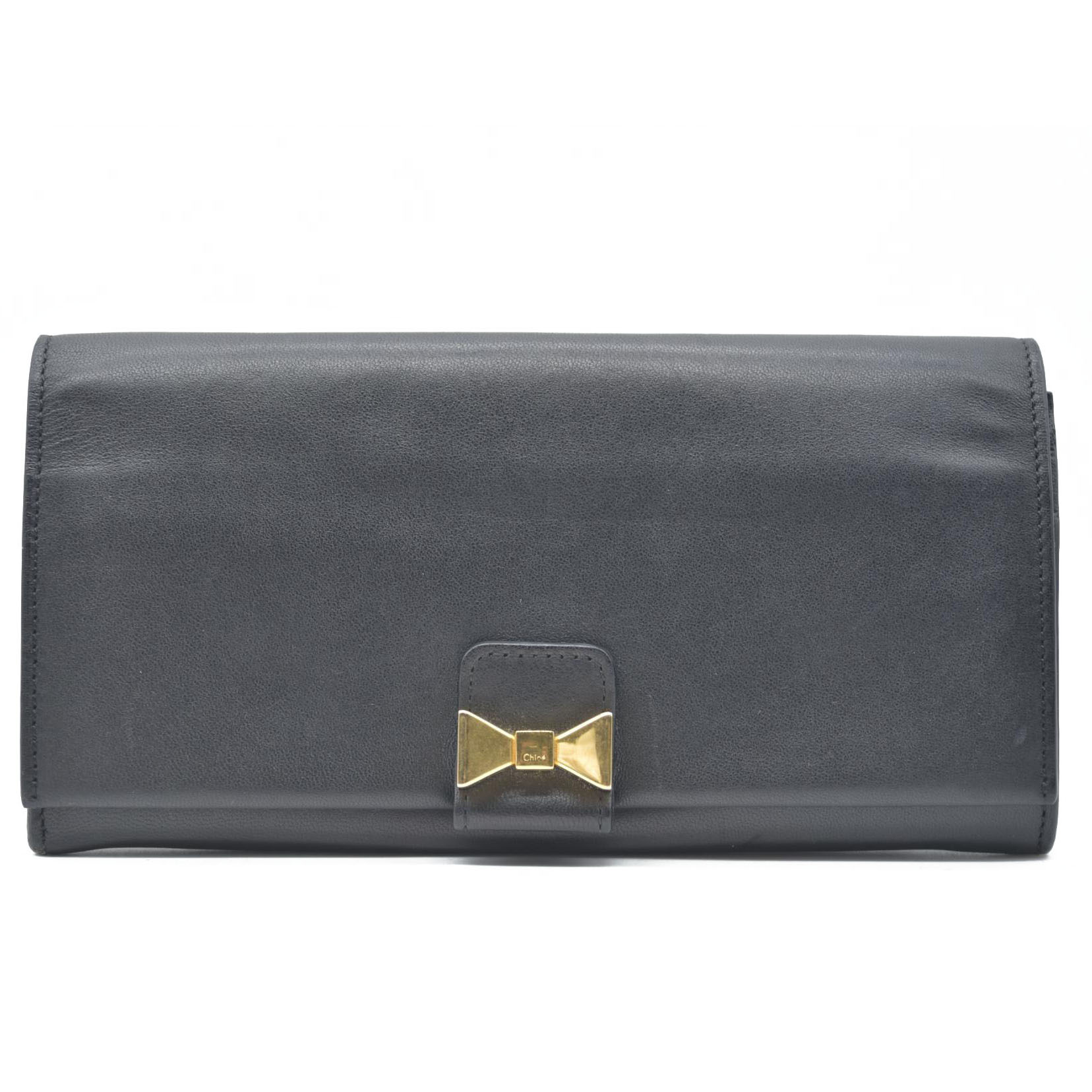 $470 Chloe Ribbon Leather Long Bifold Wallet Purse Black CONSIGNMENT 10020945