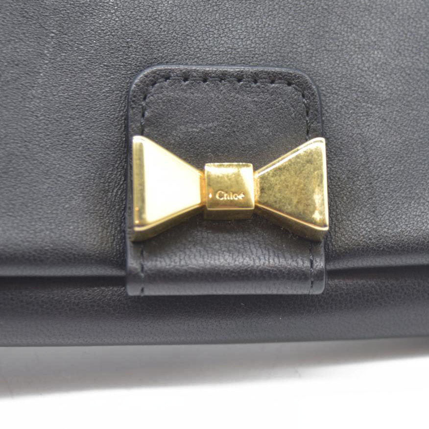 Chloe Ribbon Leather Long Bifold Wallet Purse Black CONSIGNMENT