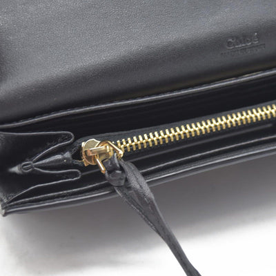 $470 Chloe Ribbon Leather Long Bifold Wallet Purse Black CONSIGNMENT 10020945