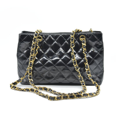 CHANEL Matelasse Chain Shoulder Bag Patent leather Black Gold CC
