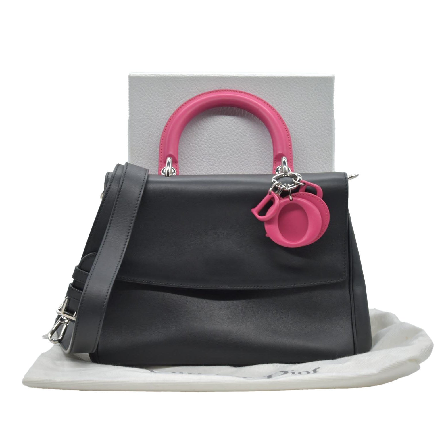 $6100 Christian Dior Smooth Calfskin Small Bi-Color Be Dior Flap Black Pink CONSIGNMET