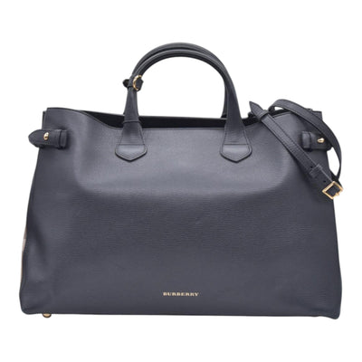 $1490 BURBERRY Grainy Leather House Check Medium Banner Tote Black CONSIGNMENT 10021501