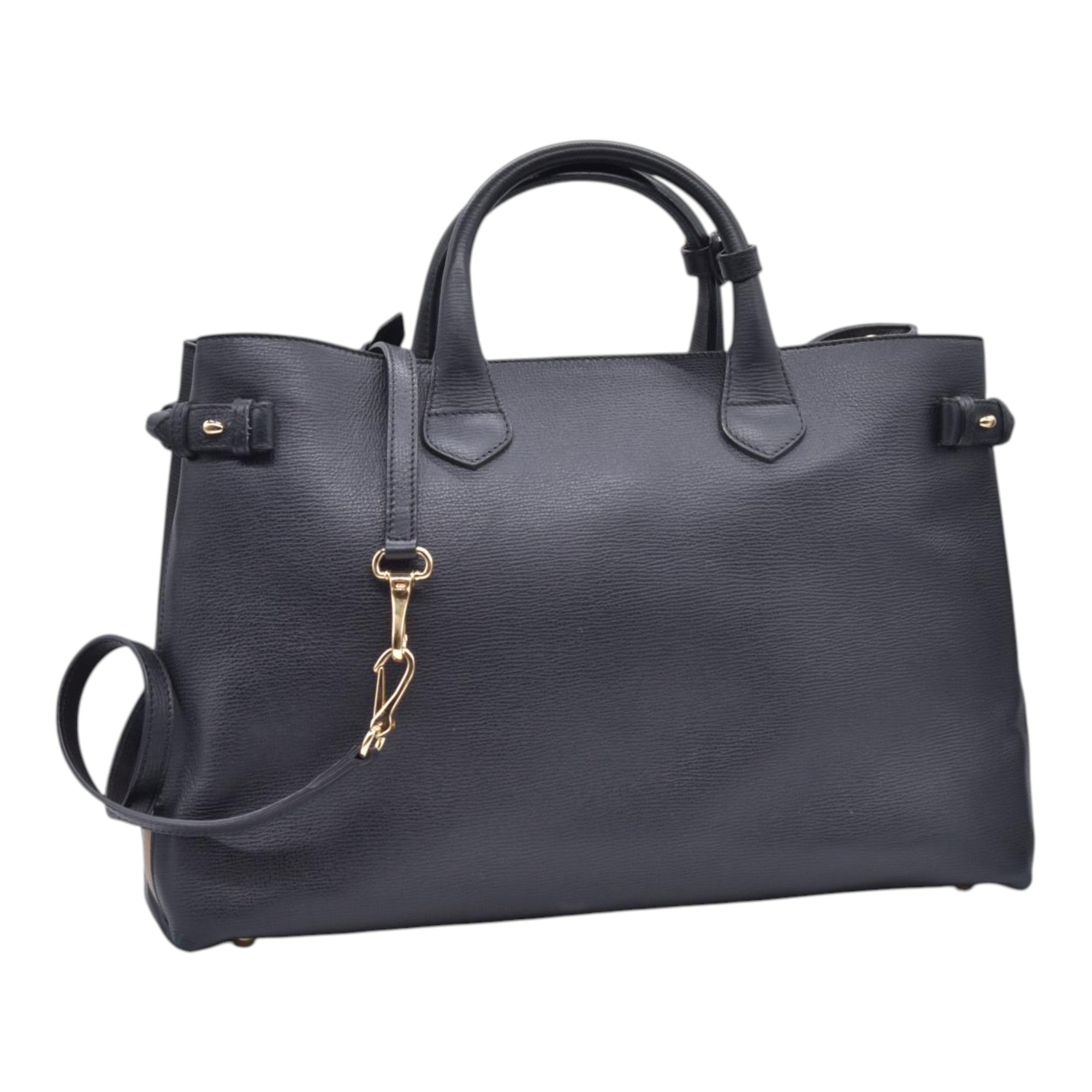 $1490 BURBERRY Grainy Leather House Check Medium Banner Tote Black CONSIGNMENT 10021501