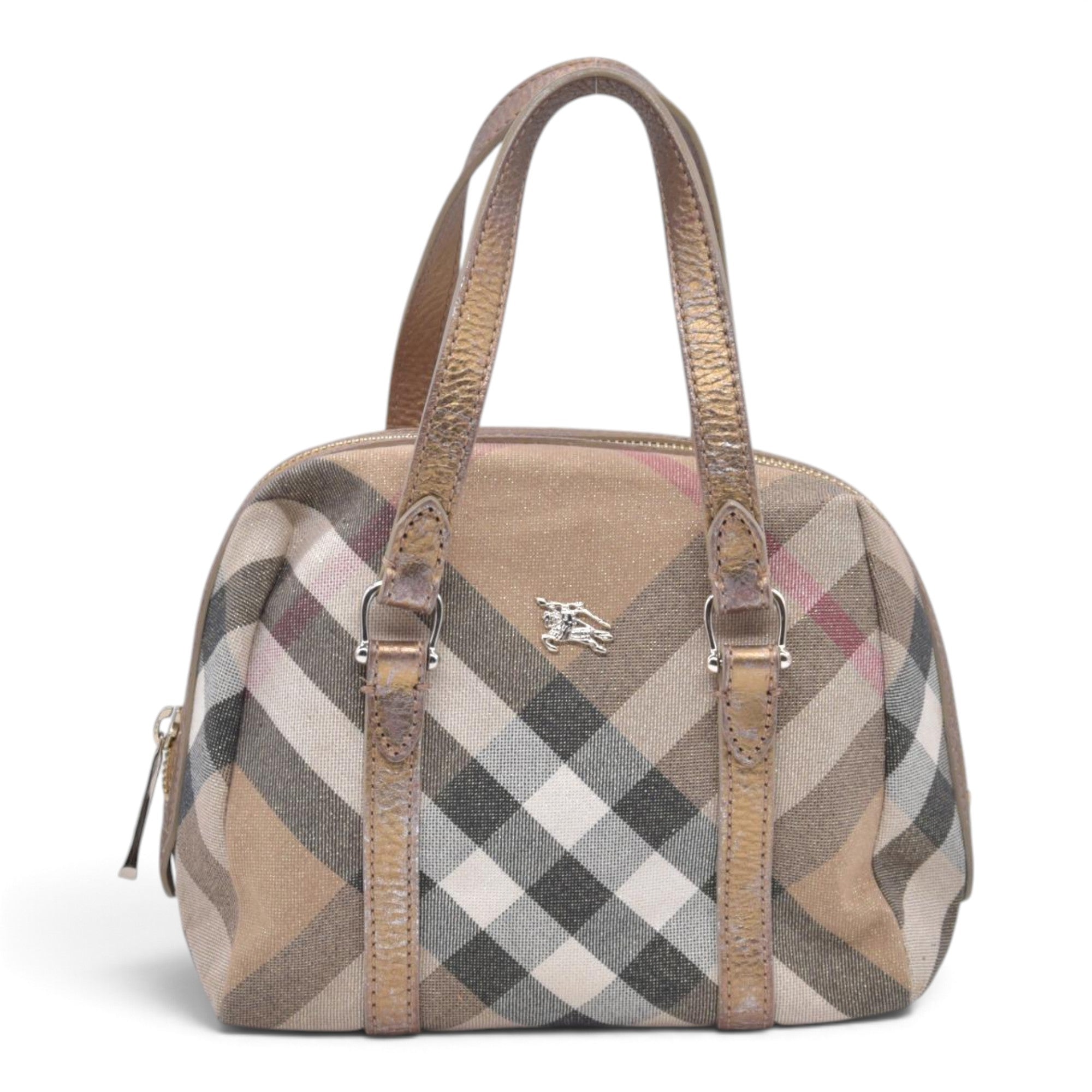 $890 BURBERRY House Check Metallic Lurex Bowling Satchel Bag Beige CONSIGNMENT 10021503