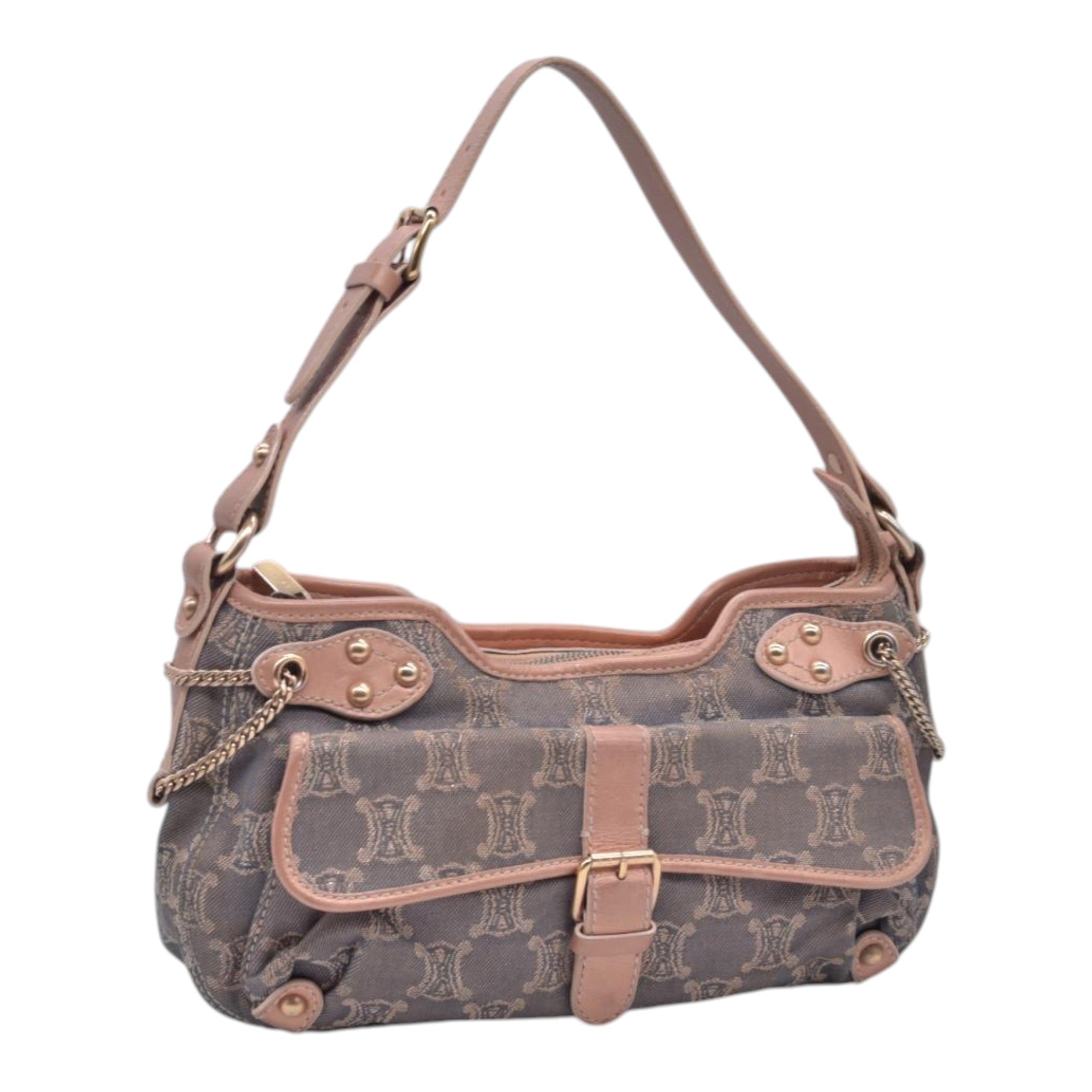 $1150 CELINE Macadam Metallic Lurex Denim Studded Shoulder Bag Rose Gold CONSIGNMENT 10021493