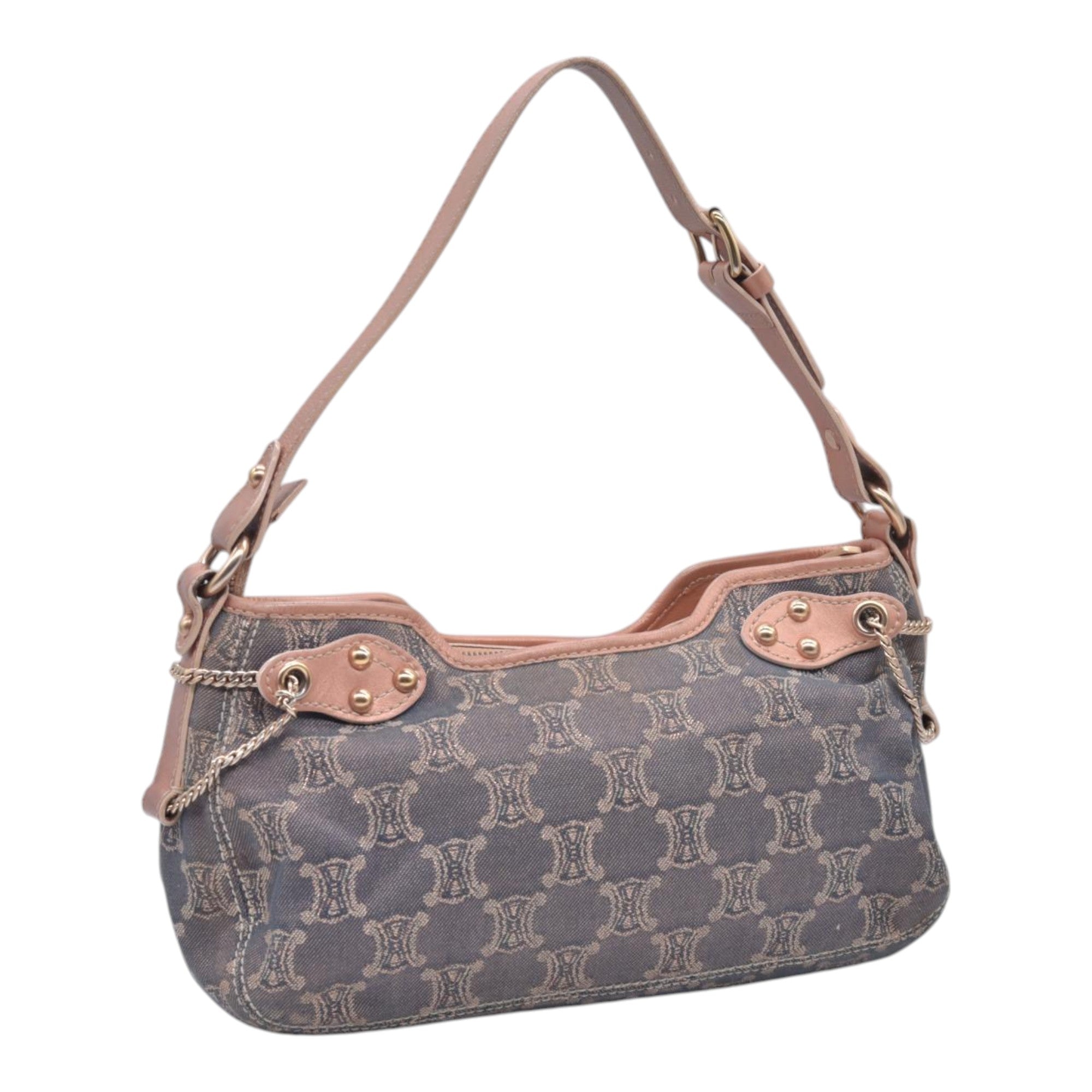 $1150 CELINE Macadam Metallic Lurex Denim Studded Shoulder Bag Rose Gold CONSIGNMENT 10021493
