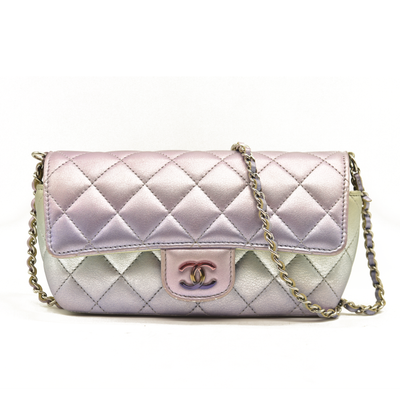 Chanel  Gradient Metallic Calfskin Quilted Glasses Case With Chain Silver Blue Yellow Purple