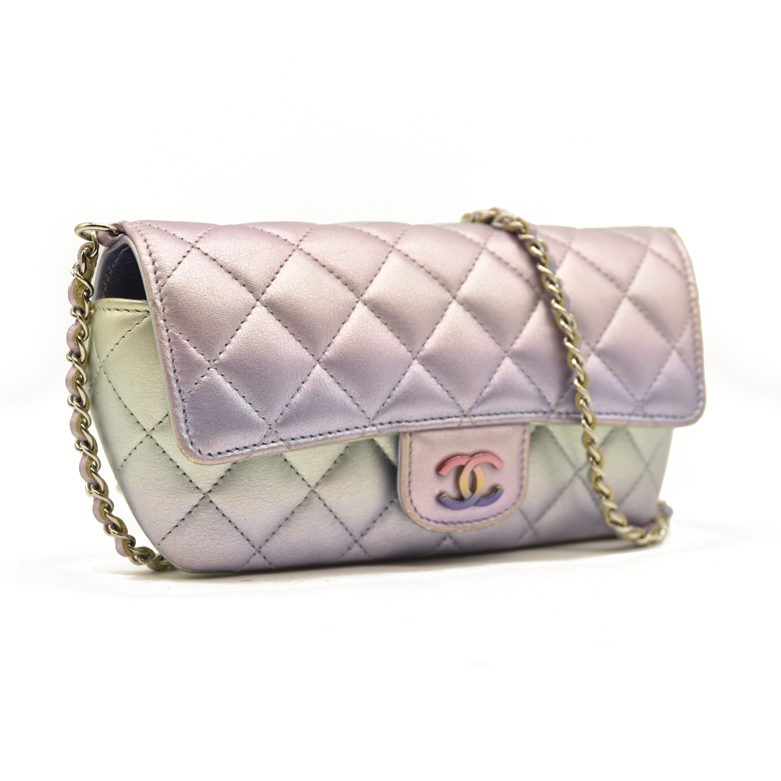 Chanel  Gradient Metallic Calfskin Quilted Glasses Case With Chain Silver Blue Yellow Purple
